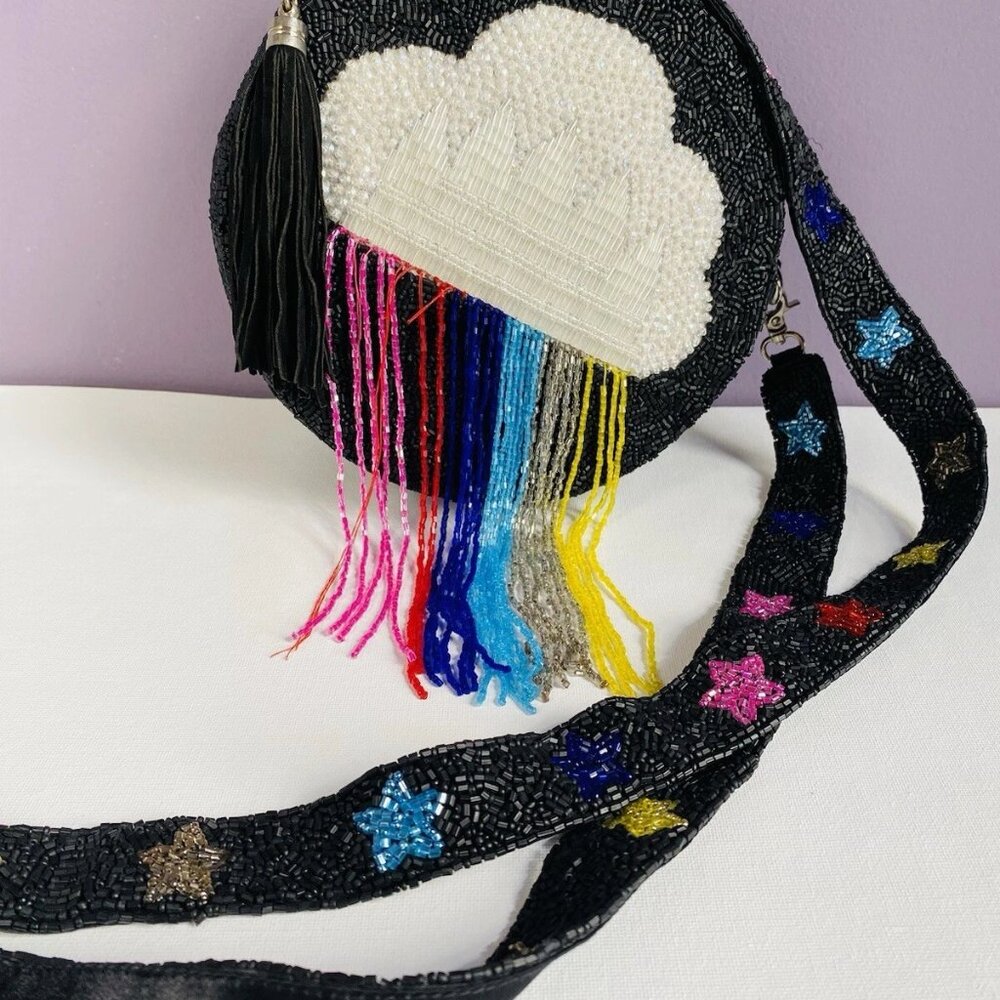 Black Metallic Rainbow Iridescent Cloud Hand Beaded Fringe Shoulder Bag Stars - Picture 4 of 8